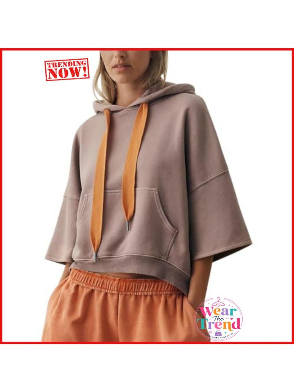 3/4 Sleeve Hoodie Boxy Fit Pullover Kangaroo Pocket Drawstring